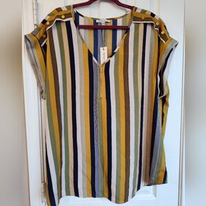 Striped V-Neck Short Sleeve Top in Mustard and Navy - New With Tag